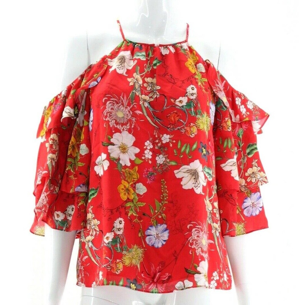 Parker Red Floral Silk Cold Shoulder Ruffle Blouse